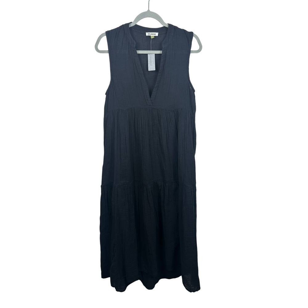 Celandine Midi Dress Women SP Black NEW Cotton Gauze Tiered Sleeveless Petite